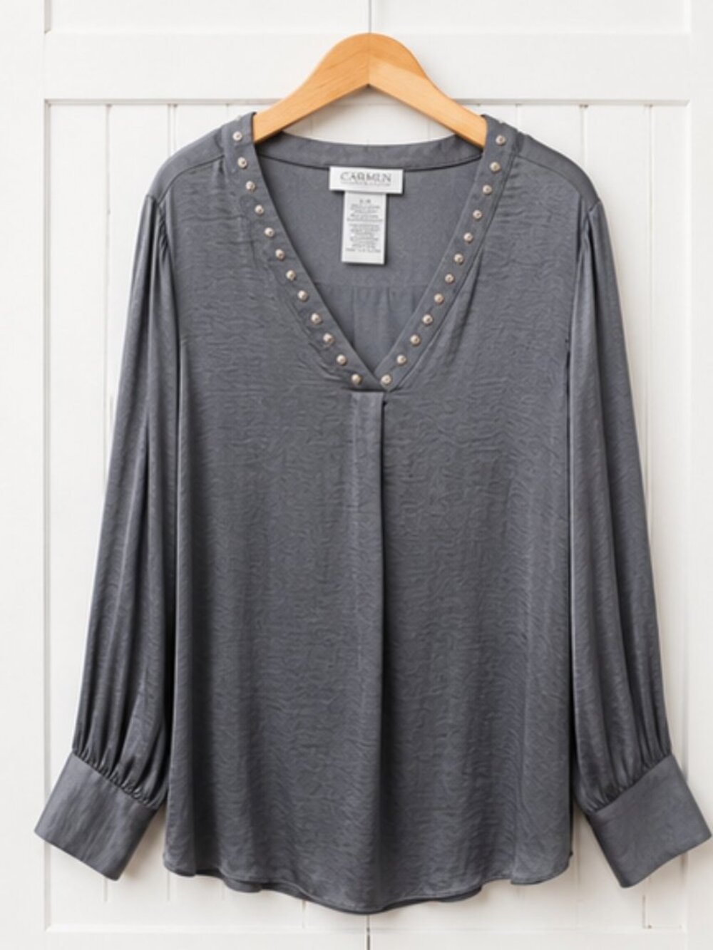 Carmen Marc Valvo Gray Studded V-Neck Satin Blouse Large Career Chic Top